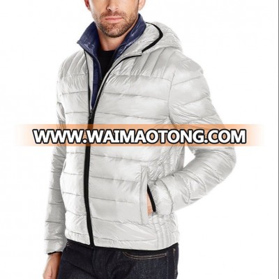 winter design fashion soft shell mens gose down filled leather puffer jackets with fox fur trim /bubble quilted down lightweight